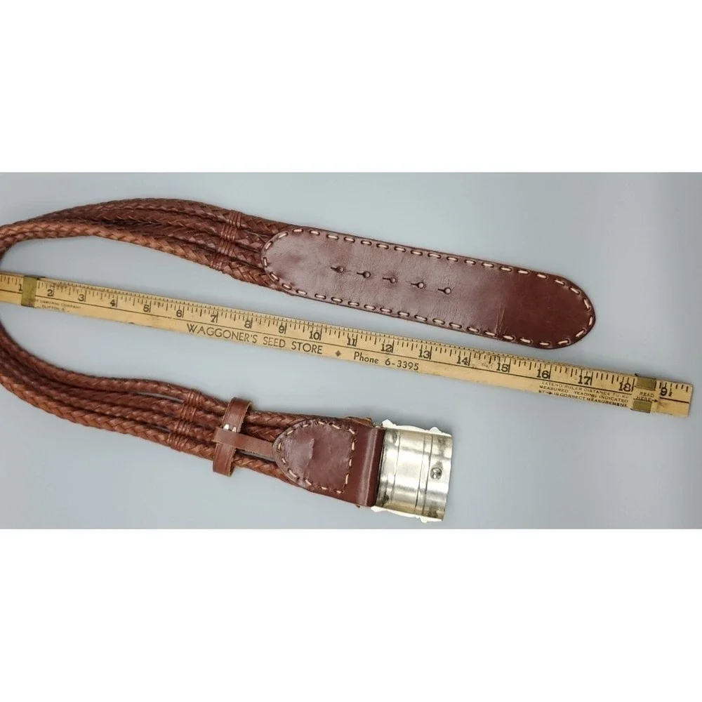 VTG The Limited Western Brown Leather Braided Women Small Belt Silvertone Buckle